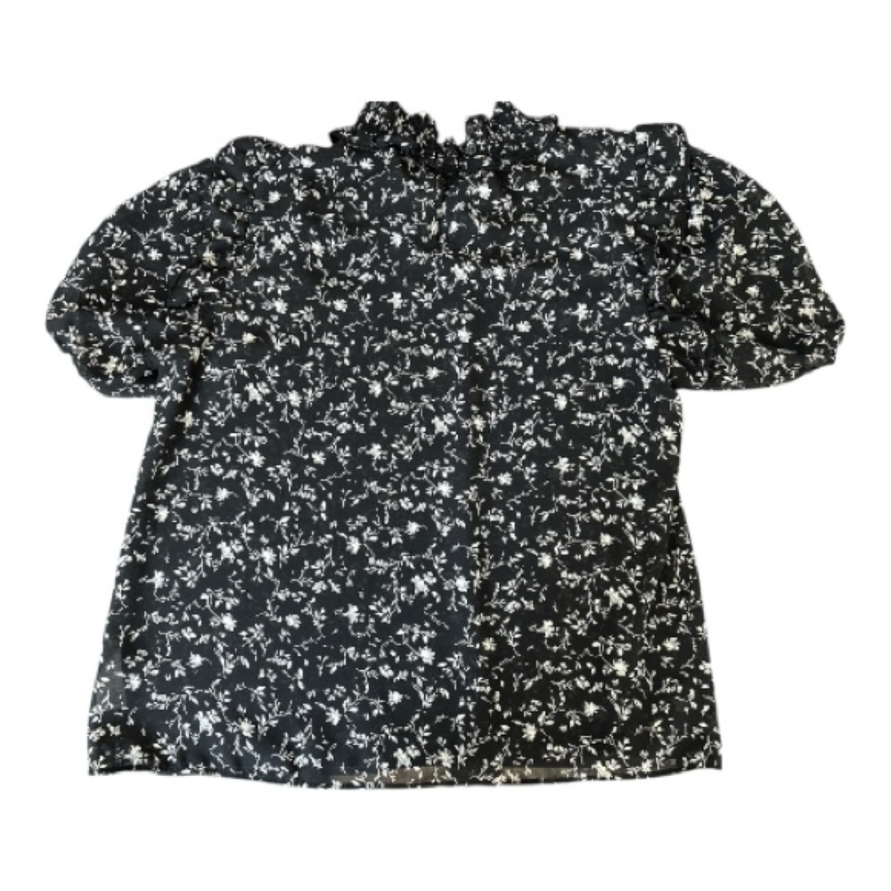 T TAHARI top, black white sz Lg,ruffle at the neck & shoulders. Semi sheer.Flowy